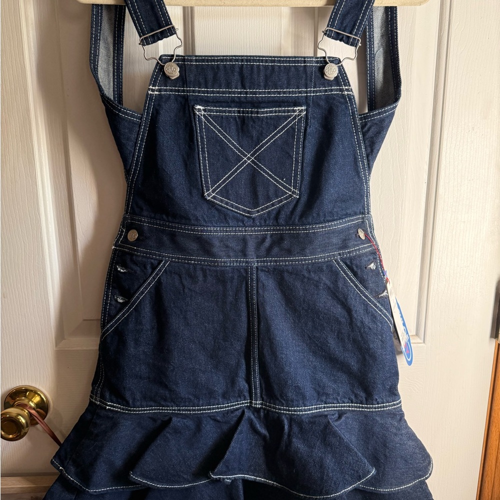Opening Ceremony Blue and White Denim Overall dress with ruffles